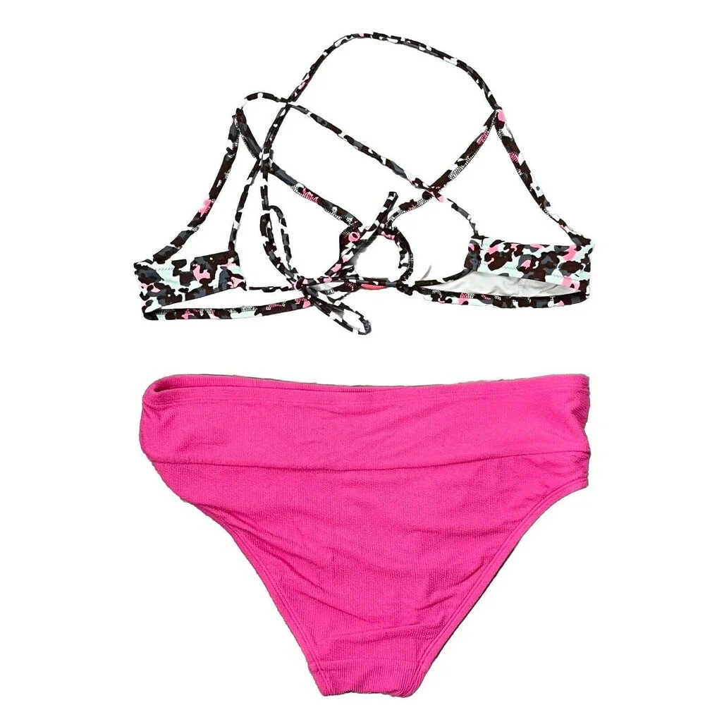 Bikini 2 Piece Swimsuit Cross Back Tie Ring Camo Top Pink Bottoms Small Swimwear